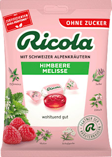 Bonbons Schweizer Alpenkräuter Himbeere Melisse zuckerfrei Ricola