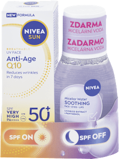 Balíček SPF ON/SPF OFF, Pleťový krém na opaľovanie UV Face Anti-Age Q10 SPF 50+ a upokojujúca micelárna voda NIVEA SUN