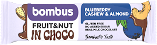 Ovocná tyčinka v mliečnej čokoláde Fruit&Nut In Choco čučoriedka, kešu a mandle bombus