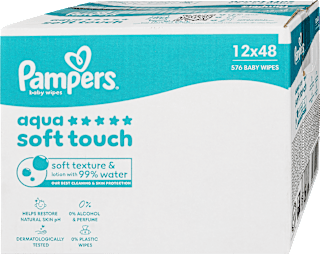 Nedves törlőkendő, Aqua Soft Touch, 12x48 db Pampers baby-dry