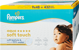 Nedves Törlőkendő Aqua Soft Touch, 99% vízzel, 9x48 db Pampers baby-dry