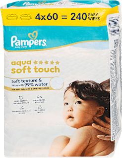 Nedves törlőkendő Aqua Soft Touch 99% vízzel, 4x60 db Pampers baby-dry