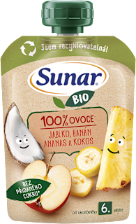 BIO příkrm v sáčku Jablko, banán, ananas, kokos Sunar
