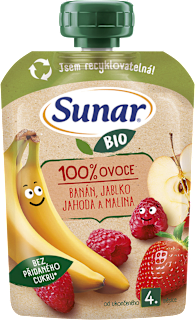 BIO příkrm v sáčku Banán, jablko, jahoda, malina Sunar