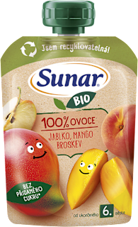 BIO příkrm v sáčku Jablko, mango, broskev Sunar