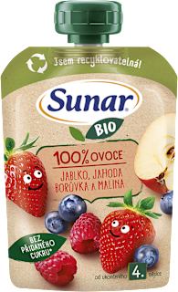 BIO příkrm v sáčku Jablko, jahoda, borůvka, malina Sunar