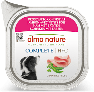 Cibo umido per cani HFC COMPLETE vaschetta con prosciutto e piselli almo nature