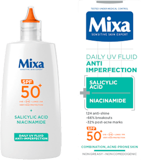 Слънцезащитен флуид със салицилова киселина, SPF 50+ Mixa