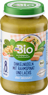 Menü Dinkelnudeln mit Rahmspinat und Lachs ab dem 8. Monat dmBio