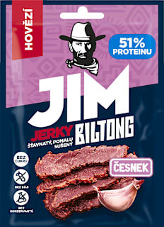 Jim Jerky Biltong maso sušené hovězí česnek Emco