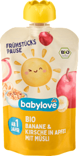Био пюре от ябълка с банани, вишни и мюсли, 1+г babylove