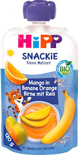 Bio gyümölcspüré, Snackie, mangó, banán, narancs, körte és rizs HiPP