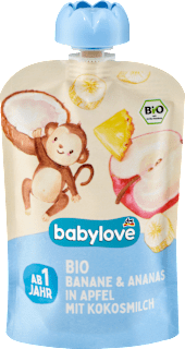 Био плодово пюре с ябълка, банан и ананас, 1+г babylove