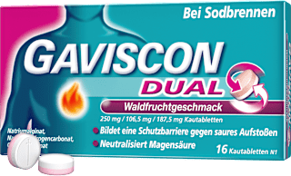 GAVISCON Dual Waldfrucht 250 mg, 106,5 mg, 187,5 mg Kautabletten GAVISCON