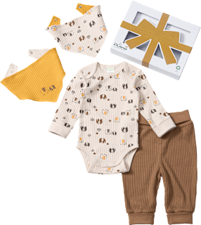 Geschenkbox mit Body & Hose mit Mitwachsfunktion und Halstüchern, beige, Gr. 62/68 ALANA