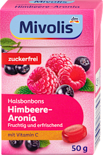 Málna és fekete berkenye ízű, cukormentes torokcukorka édesítőszerekkel és C-vitaminnal Mivolis