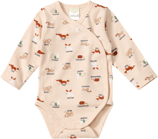 Wickelbody Langarm mit Waldtier-Muster, beige, Gr. 62/68 ALANA