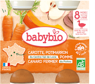 bio příkrm dýně, mrkev a jablko s kachním masem 2x200 g babybio