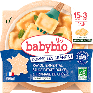 ravioli s ementálem, pyré ze sladkých brambor a francouzský kozí sýr babybio