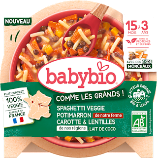 špagety se zeleninou, čočkou a kokosovým mlékem babybio