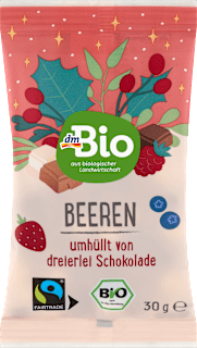 Beeren umhüllt von dreierlei Schokolade, Adventskalender zum Selbstgestalten 2026 dmBio