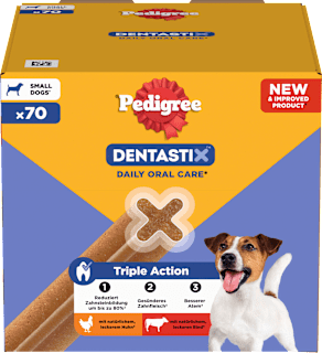 Kausnack Hund Zahnpflege DentaStix für kleine Hunde, Multipack (10x7 Stück) Pedigree