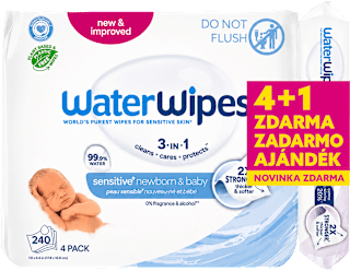 Vlhčené utierky Sensitive (4x60 ks) + Soothing Clean (1x60 ks) WaterWipes