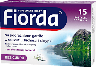 Pastylki na podrażnione gardło i krtań o smaku czarnej porzeczki Fiorda