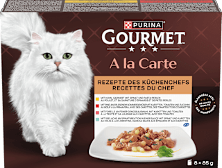 Nassfutter Katze, Huhn, Forelle, Rind & Seelachs, à la carte - Rezepte des Küchenchefs, Multipack (8x85 g) Purina Gourmet