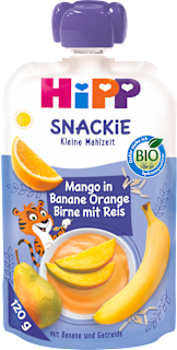 Bio gyümölcspüré, Snackie, mangó, banán, narancs, körte és rizs HiPP