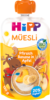 Bio bébidesszert őszibarack- banán-alma gyümölcspüré müzlivel, 1 éves kortól HiPP