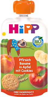 Bio bébidesszert almával, banánnal, őszibarackkal és keksszel 1 éves kortól HiPP