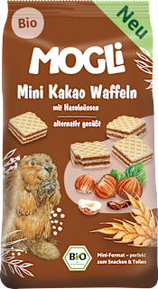 Kindersnack Mini Kakao Waffeln mit Haselnüssen MOGLi