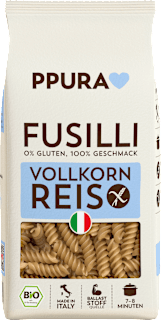 Nudeln, Fusilli aus Vollkornreis, glutenfrei PPURA