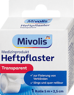 Heftpflaster Transparent 5 m x 2,5 cm, 1 Rolle Mivolis