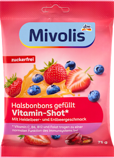 Bonbon, Halsbonbons Vitamin-Shot Heidelbeere-Erdbeere, gefüllt, zuckerfrei Mivolis