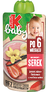 Mus owocowy + serek, banan, jabłko, truskawka z dodatkiem wanilii, po 6. miesiącu KUBUŚ baby