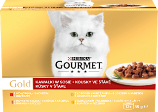 Gold konzervy pro kočky hovězí, krůta a kachna, losos a kuře, kuře a játra ve šťávě 12x85g PURINA GOURMET