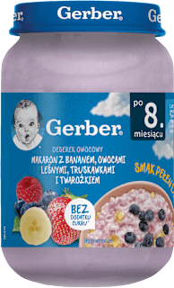 Makaron z bananem, owocami leśnymi, truskawkami i twarożkiem po 8. miesiącu Gerber