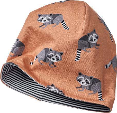 Mütze zum Wenden mit Waschbär-Muster, orange, Gr. 50/51 ALANA