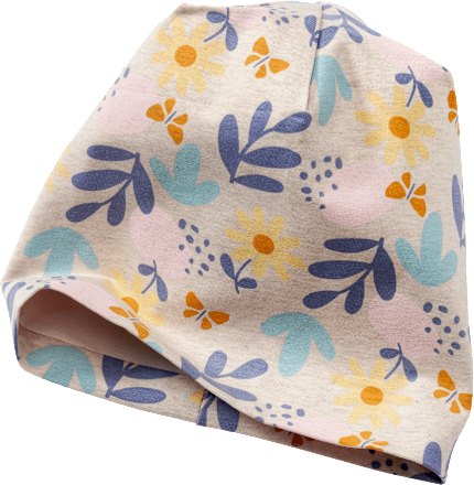 Mütze mit Blumen-Muster, beige & blau, Gr. 50/51 ALANA