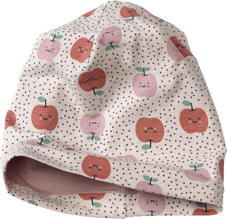 Mütze zum Wenden mit Apfel-Muster und Punkten, beige & rosa, Gr. 54/55 ALANA