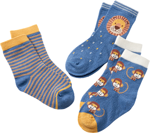 Socken mit Affen- & Löwen-Motiven, blau + gelb, Gr. 19/22 ALANA