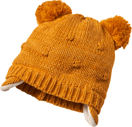 Mütze aus Strick mit Bommeln, gelb, Gr. 46/47 PUSBLU