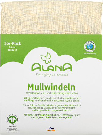 Mullwindeln, ca. 80 x 80 cm,  aus Bio-Baumwolle, natur, 2er-Pack ALANA