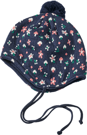 Mütze mit Bommel & Blumen-Muster, blau, Gr. 44/45 ALANA