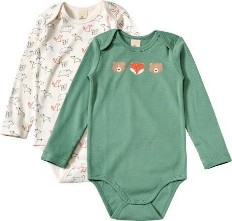 Bodys Langarm mit Waldtier-Muster, beige + grün, Gr. 74/80 ALANA