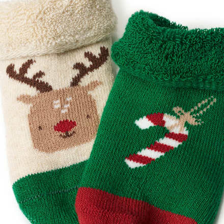 Erstlingssocken mit Rentier & Zuckerstangen-Motiv, beige + grün, Gr. 13/14 ALANA