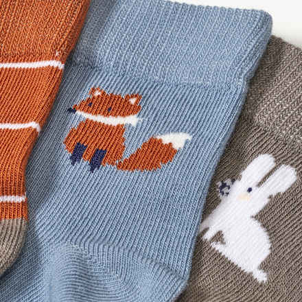 Socken mit Ringeln + Tier-Motiv, braun + blau, Gr. 23/26 ALANA