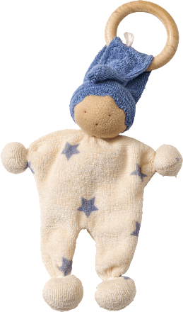 Püppchen mit Holzring & Sternen-Muster, beige & blau ALANA